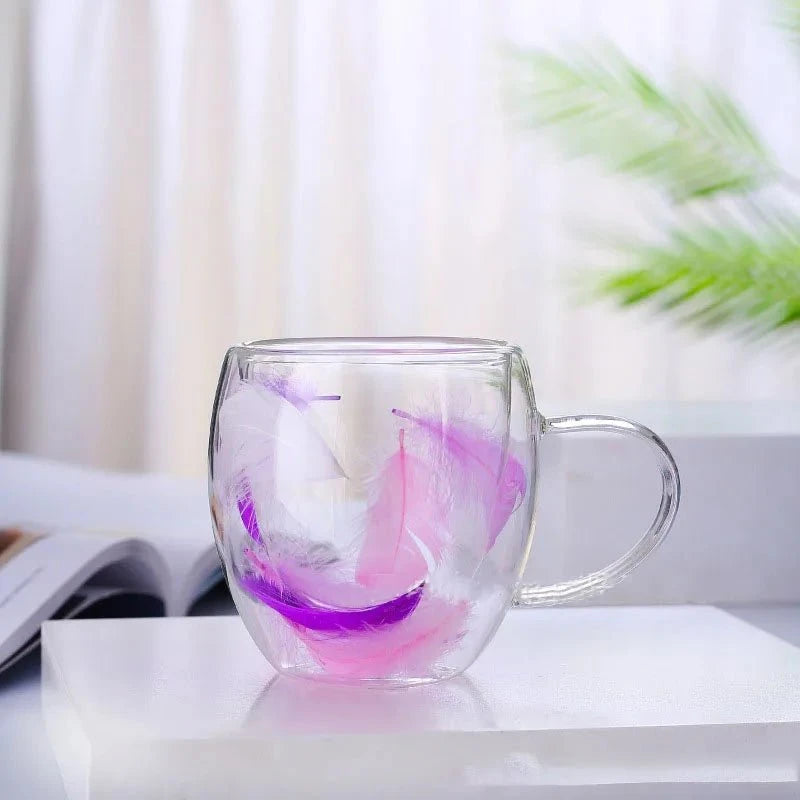 Plume de Verre™ – Tasse soufflée à la main avec plume suspendue (double paroi)