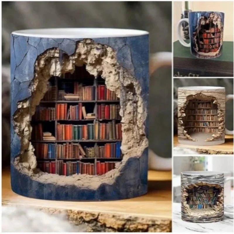Murmure de Bibliothèque™ – Tasse en céramique 3D au design trompe-l'œil