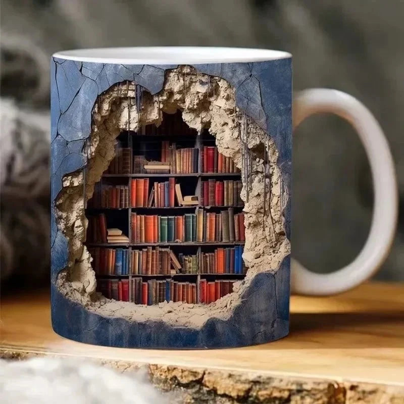 Murmure de Bibliothèque™ – Tasse en céramique 3D au design trompe-l'œil