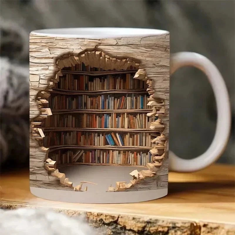 Murmure de Bibliothèque™ – Tasse en céramique 3D au design trompe-l'œil