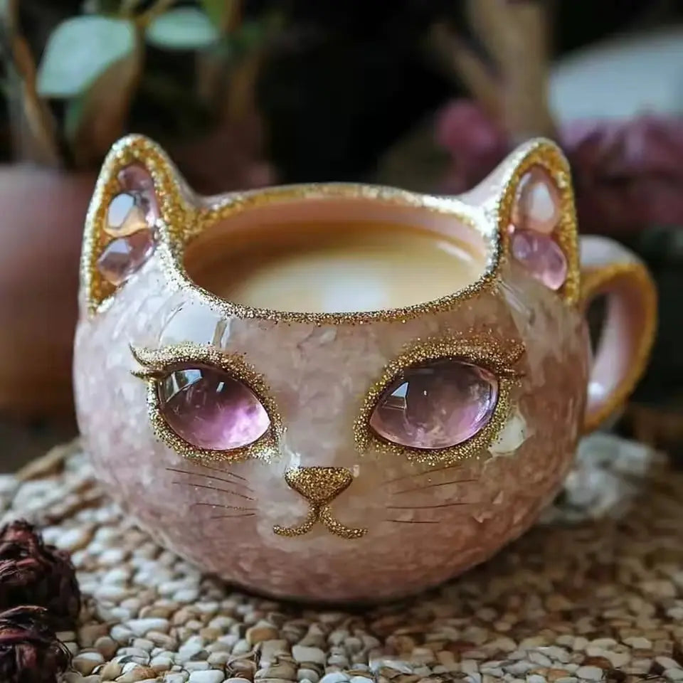 Tasse Chat Cristal™ – Faite main en pierre minérale naturelle (300 ml)