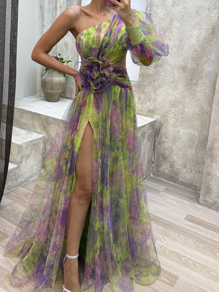 Kayla - Robe longue à fleurs asymétrique